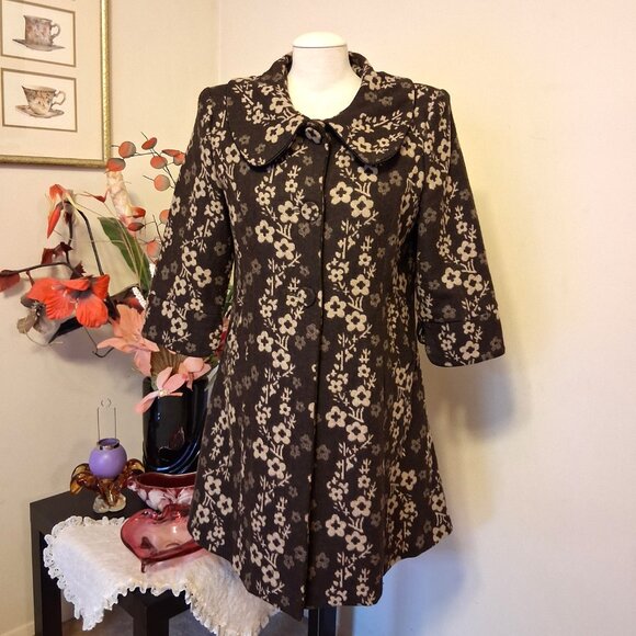 NEW Women’s Elegant Pea Coat Brown Cream Floral Lined Trench Coat ¾ Sleeve 14 L - Picture 4 of 10